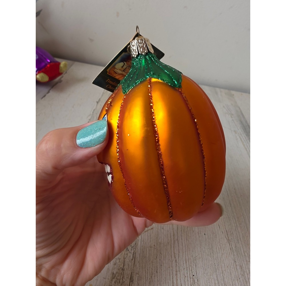 Vintage OWC old world jack-o'-lantern pumpkin glitter orange Halloween ornament - Picture 2 of 7